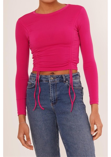 23254005 Sandy Önü Tünelli Büzgülü Uz.kol Bluz Fusya