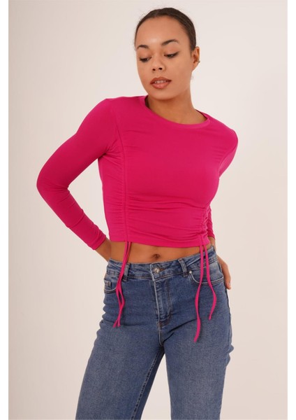 23254005 Sandy Önü Tünelli Büzgülü Uz.kol Bluz Fusya modelleri
