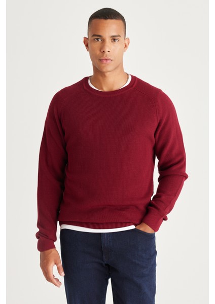 Erkek Bordo Standart Fit Normal Kesim Bisiklet Yaka Desenli Triko Kazak modelleri