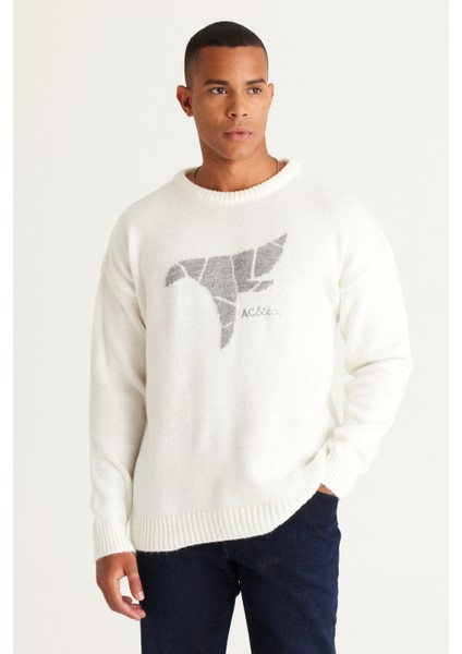 Erkek Ekru Oversize Bol Kesim Bisiklet Yaka Desenli Şardonlu Yumuşak Dokulu Triko Kazak