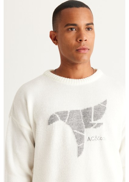 Erkek Ekru Oversize Bol Kesim Bisiklet Yaka Desenli Şardonlu Yumuşak Dokulu Triko Kazak fırsatları