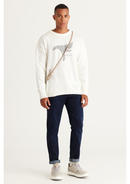 Erkek Ekru Oversize Bol Kesim Bisiklet Yaka Desenli Şardonlu Yumuşak Dokulu Triko Kazak fiyatları