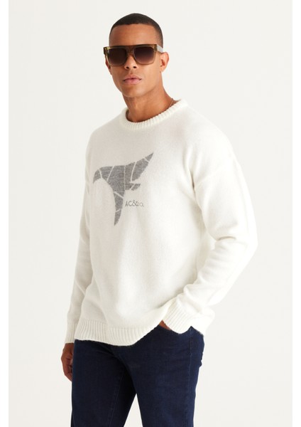 Erkek Ekru Oversize Bol Kesim Bisiklet Yaka Desenli Şardonlu Yumuşak Dokulu Triko Kazak modelleri