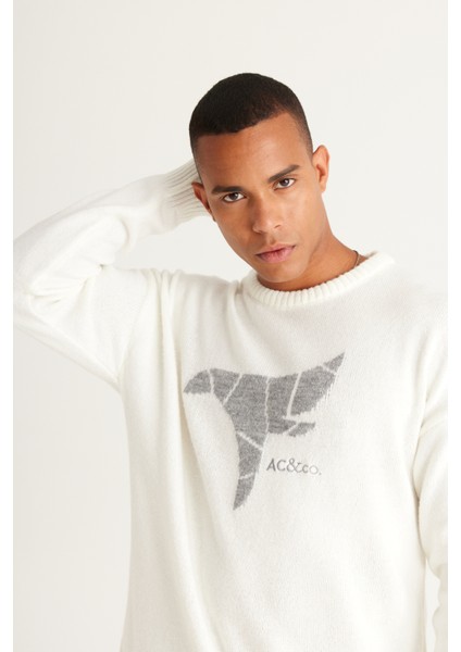 Erkek Ekru Oversize Bol Kesim Bisiklet Yaka Desenli Şardonlu Yumuşak Dokulu Triko Kazak indirimleri