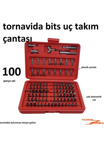Bits Uç Seti 100 Parça Çantalı Tornavida Ucu Seti Tork Alyan Çatal Yıldız Düz V.s