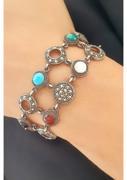 Sedef Turkuaz Akik Taşlı Markazit Taş Detaylı 925AYAR Gümüş Tasarım Bileklik