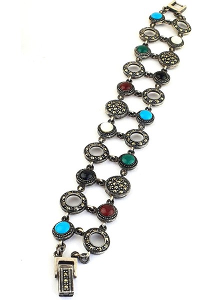 Sedef Turkuaz Akik Taşlı Markazit Taş Detaylı 925AYAR Gümüş Tasarım Bileklik fiyatları