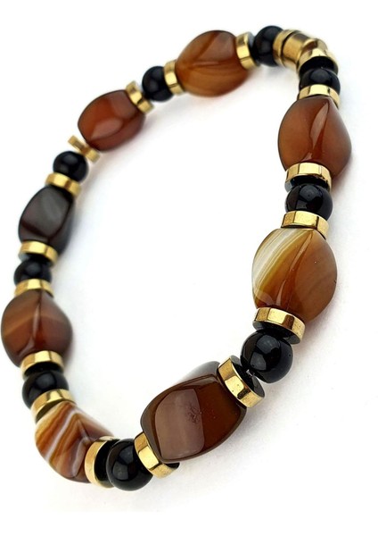 Oniks Akik Hematit Taşlı Tasarım El Işi Doğal Taş Bıileklik