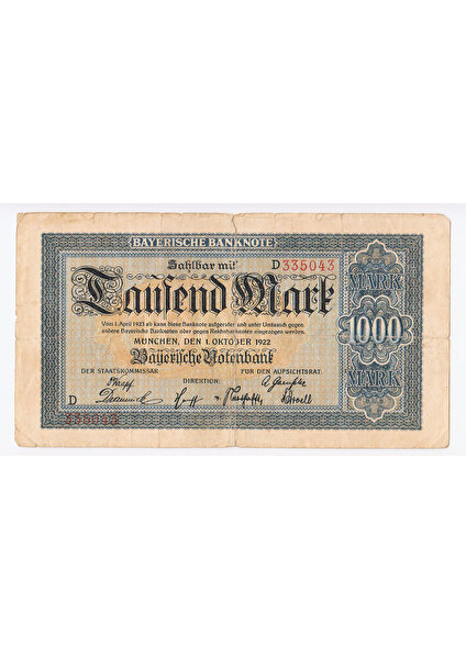 Almanya Deutschland 1000 Mark Bayern 1922 Vf Çt Banknot