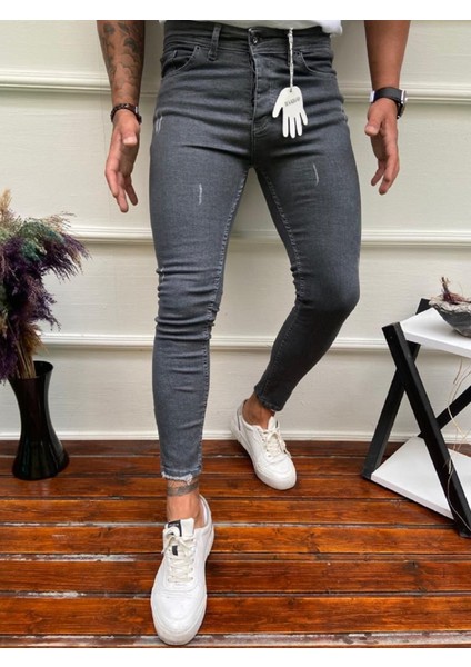 Erkek Koyu Gri Tırnaklı Italyan Kesim Likralı Denim Kot Pantolon