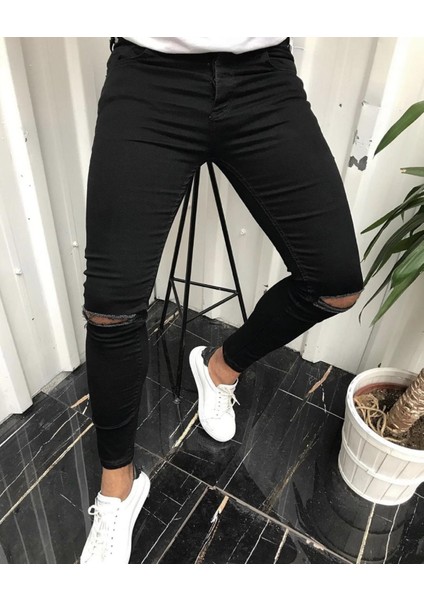 Erkek Siyah Dizi Yırtıklı Italyan Kesim Likralı Denim Kot Pantolon