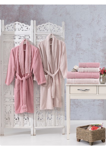 Pamuk Dantelli Güpürlü 6 Parça Aile Bornoz Seti,bornoz Takımı,çeyiz Seti