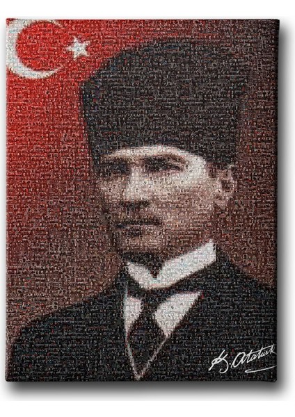 Türk Bayraklı - Imzalı Atatürk Portresi Kanvas Tablo