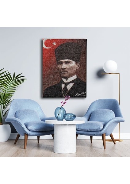 Türk Bayraklı - Imzalı Atatürk Portresi Kanvas Tablo