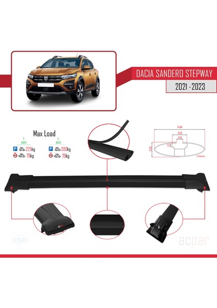 Dacia Sandero Stepway 2021 ve Sonrası ile Uyumlu Fly Model Ara Atkı Tavan Barı Siyah 3 Adet Bar