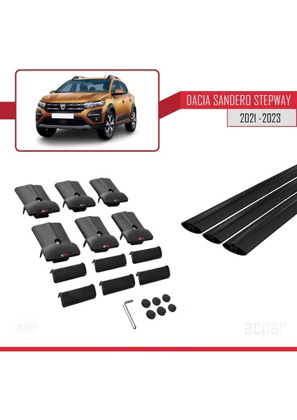 Dacia Sandero Stepway 2021 ve Sonrası ile Uyumlu Fly Model Ara Atkı Tavan Barı Siyah 3 Adet Bar