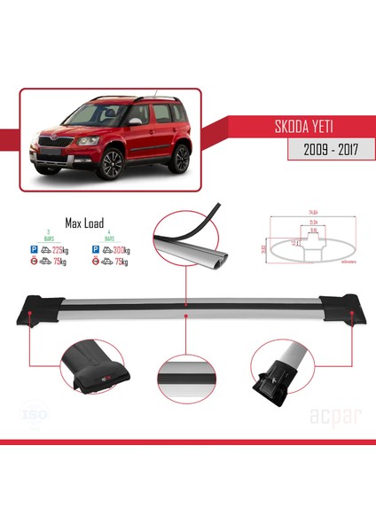 Skoda Yeti 2009-2017 Arası ile Uyumlu Fly Model Ara Atkı Tavan Barı Gri 3 Adet Bar modelleri