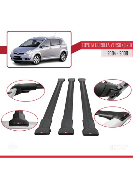 Toyota Corolla Verso (E120) 2004-2008 Arası ile Uyumlu Fly Model Ara Atkı Tavan Barı Siyah 3 Adet Bar fırsatları