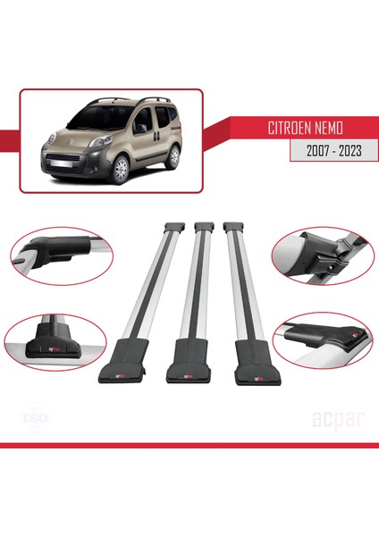 Citroen Nemo 2007 ve Sonrası ile Uyumlu Fly Model Ara Atkı Tavan Barı Gri 3 Adet Bar fırsatları