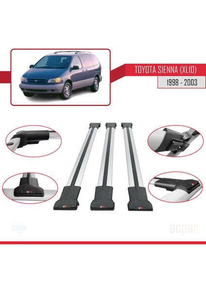 Toyota Sienna (XL10) 1998-2003 Arası ile Uyumlu Fly Model Ara Atkı Tavan Barı Gri 3 Adet Bar fırsatları