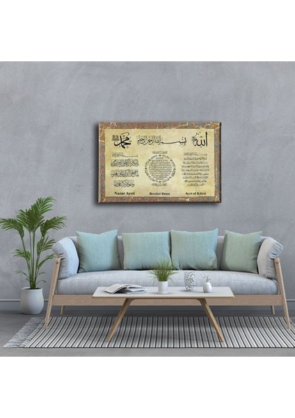 Nazar-Bereket-Ayet-El Kürsi Tezhipli Ayetli Kanvas Tablo