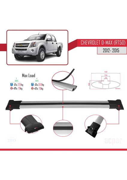 Chevrolet D-Max (RT50) 2012-2015 Arası ile Uyumlu Fly Model Ara Atkı Tavan Barı Gri 3 Adet Bar modelleri