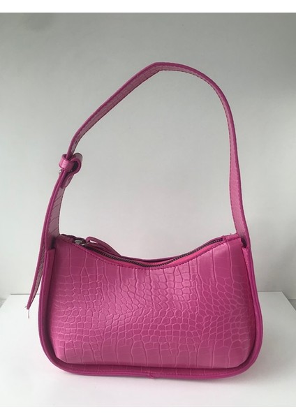 Kadın Kroko Desenli Pembe Baget Omuz Çanta