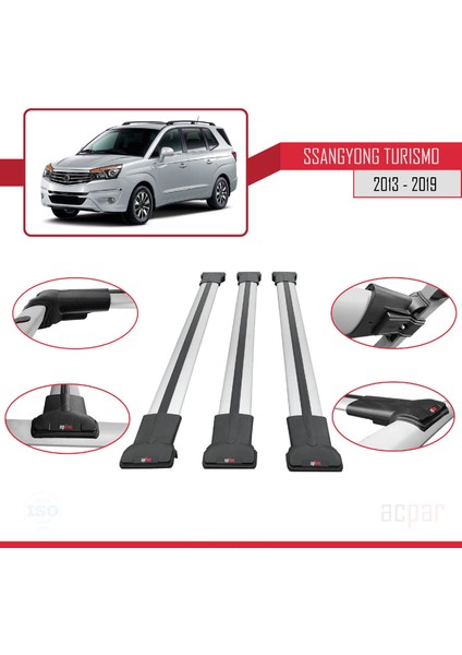 Ssangyong Turismo 2013-2019 Arası ile Uyumlu Fly Model Ara Atkı Tavan Barı Gri 3 Adet Bar
