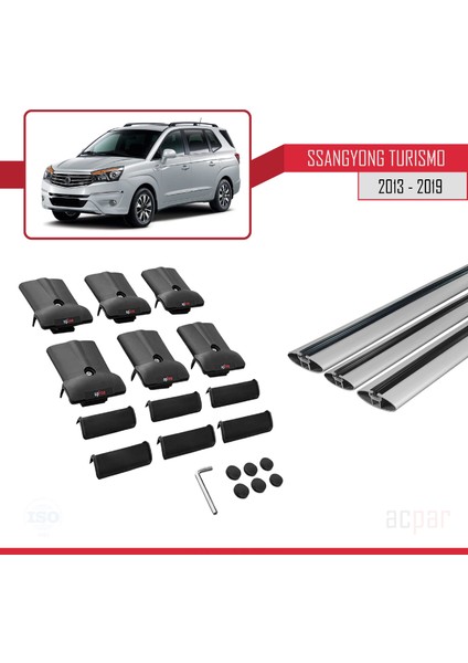 Ssangyong Turismo 2013-2019 Arası ile Uyumlu Fly Model Ara Atkı Tavan Barı Gri 3 Adet Bar