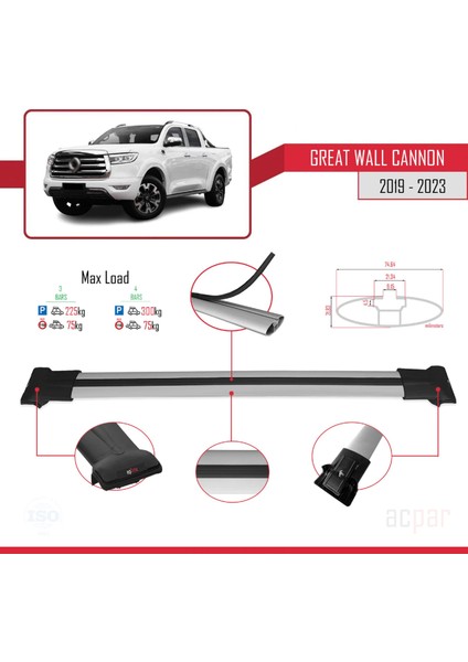 Great Wall Cannon 2019 ve Sonrası ile Uyumlu Fly Model Ara Atkı Tavan Barı Gri 3 Adet Bar modelleri