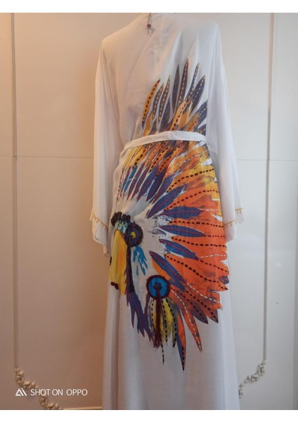 Bohem Stil Özel Tasarım Siyah Kızılderili Baskılı Boho Kimono - Kaftan