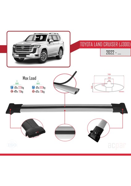 Toyota Land Cruiser (J300) 2022 ve Sonrası ile Uyumlu Fly Model Ara Atkı Tavan Barı Gri 3 Adet Bar