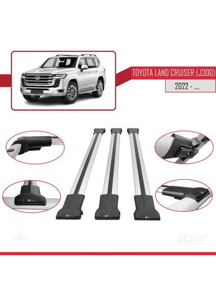 Toyota Land Cruiser (J300) 2022 ve Sonrası ile Uyumlu Fly Model Ara Atkı Tavan Barı Gri 3 Adet Bar