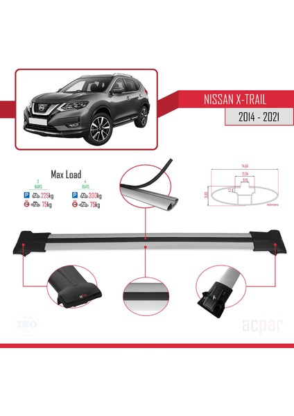 Nissan X-Trail 2014-2021 Arası ile Uyumlu Fly Model Ara Atkı Tavan Barı Gri 3 Adet Bar modelleri