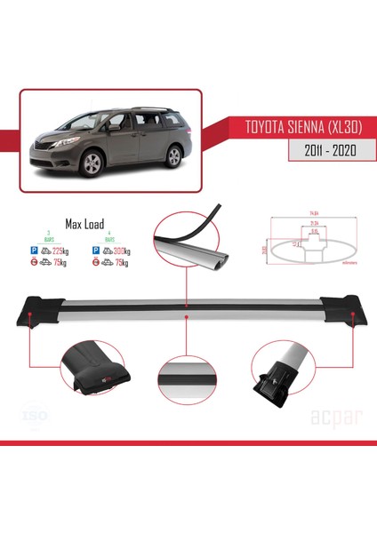 Toyota Sienna (XL30) 2011-2020 Arası ile Uyumlu Fly Model Ara Atkı Tavan Barı Gri 3 Adet Bar