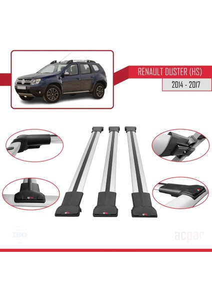 Renault Duster (Hs) 2014-2017 Arası ile Uyumlu Fly Model Ara Atkı Tavan Barı Gri 3 Adet Bar