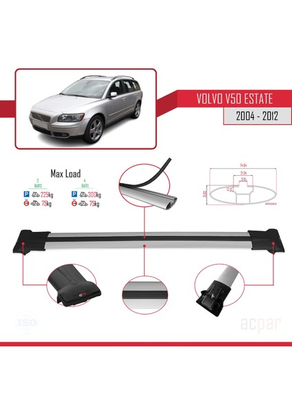 Volvo V50 2004-2012 Arası ile Uyumlu Fly Model Ara Atkı Tavan Barı Gri 3 Adet Bar