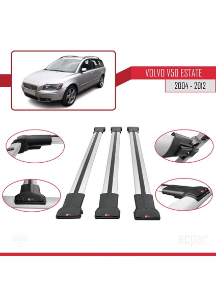 Volvo V50 2004-2012 Arası ile Uyumlu Fly Model Ara Atkı Tavan Barı Gri 3 Adet Bar