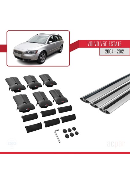 Volvo V50 2004-2012 Arası ile Uyumlu Fly Model Ara Atkı Tavan Barı Gri 3 Adet Bar