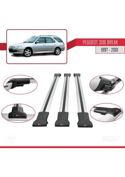 Peugeot 306 Estate 1997-2001 Arası ile Uyumlu Fly Model Ara Atkı Tavan Barı Gri 3 Adet Bar fırsatları