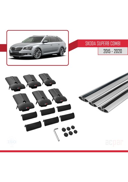 Skoda Superb Combı 2015-2020 Arası ile Uyumlu Fly Model Ara Atkı Tavan Barı Gri 3 Adet Bar