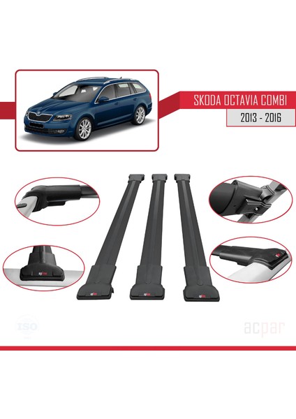 Skoda Octavia Combı 2013-2016 Arası ile Uyumlu Fly Model Ara Atkı Tavan Barı Siyah 3 Adet Bar fırsatları