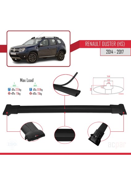 Renault Duster (Hs) 2014-2017 Arası ile Uyumlu Fly Model Ara Atkı Tavan Barı Siyah 3 Adet Bar