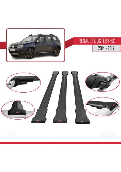 Renault Duster (Hs) 2014-2017 Arası ile Uyumlu Fly Model Ara Atkı Tavan Barı Siyah 3 Adet Bar