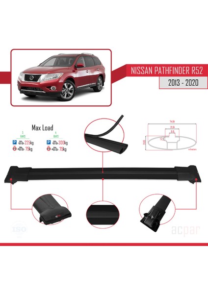 Nissan Pathfinder (R52) 2013-2020 Arası ile Uyumlu Fly Model Ara Atkı Tavan Barı Siyah 3 Adet Bar