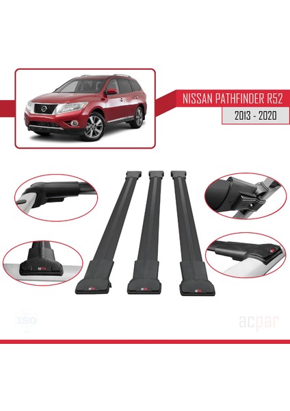 Nissan Pathfinder (R52) 2013-2020 Arası ile Uyumlu Fly Model Ara Atkı Tavan Barı Siyah 3 Adet Bar