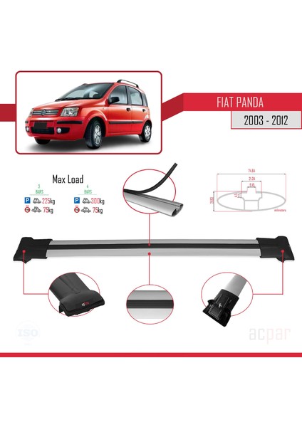 Fiat Panda 2003-2012 Arası ile Uyumlu Fly Model Ara Atkı Tavan Barı Gri 3 Adet Bar modelleri
