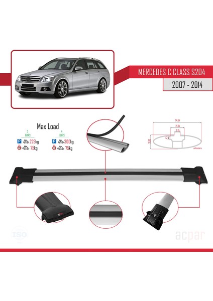 Mercedes C Class (S204) 2007-2014 Arası ile Uyumlu Fly Model Ara Atkı Tavan Barı Gri 3 Adet Bar modelleri