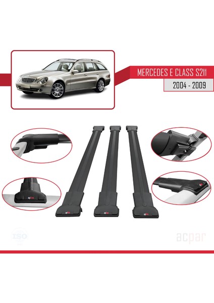 Mercedes E Class S211 2004-2009 Arası ile Uyumlu Fly Model Ara Atkı Tavan Barı Siyah 3 Adet Bar