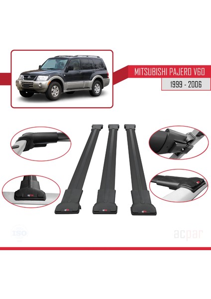 Mitsubishi Pajero (V60) 1999-2006 Arası ile Uyumlu Fly Model Ara Atkı Tavan Barı Siyah 3 Adet Bar fırsatları
